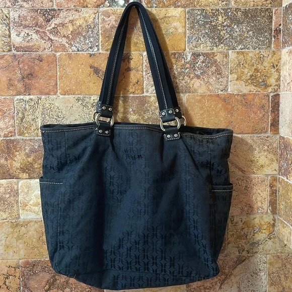 Fossil Modern Vintage Black Logo Fabric Tote Bag Canvas Straps Women’s Pocket - Picture 3 of 16